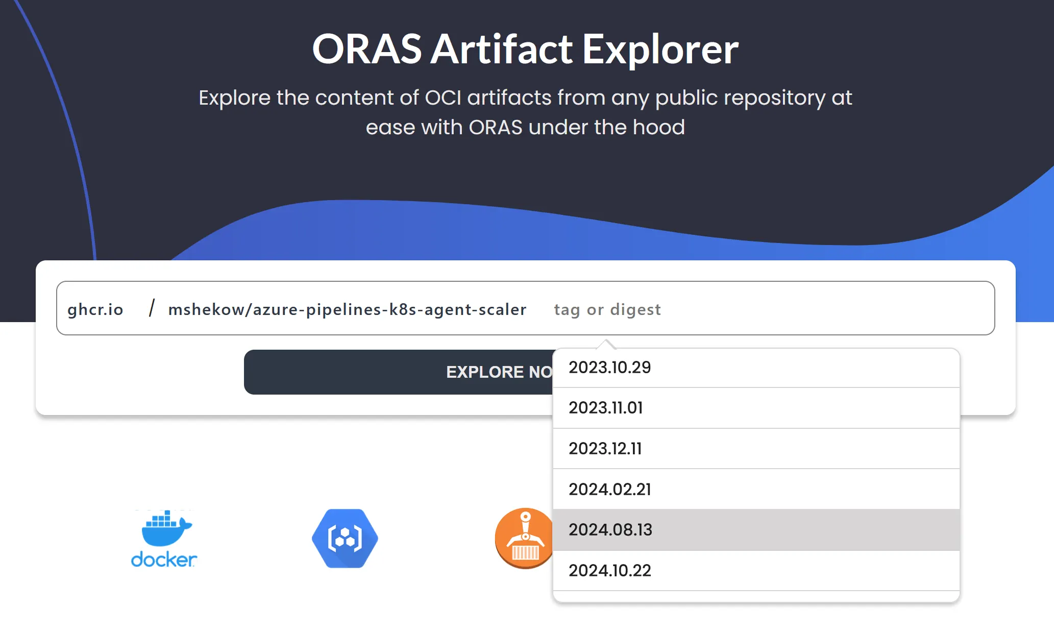 ORAS artifact explorer start page