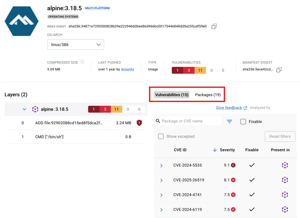 Docker Scout vulnerability scan on Docker Hub
